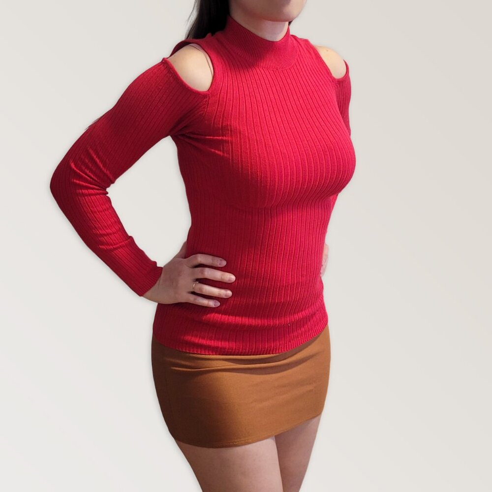 Open Shoulders Turtleneck Sweater, Red Christmas Holiday Sweater, Size L